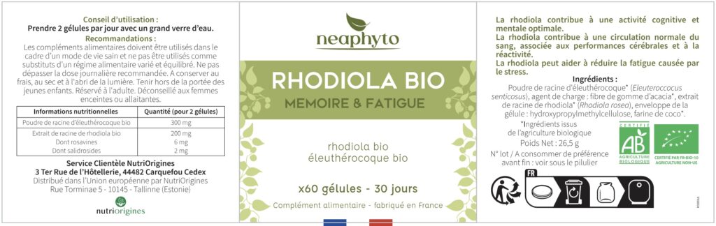 Complément Alimentaire Rhodiola Bio Neaphyto 60 Gélules - Mémoire & Fatigue, Date 01/27